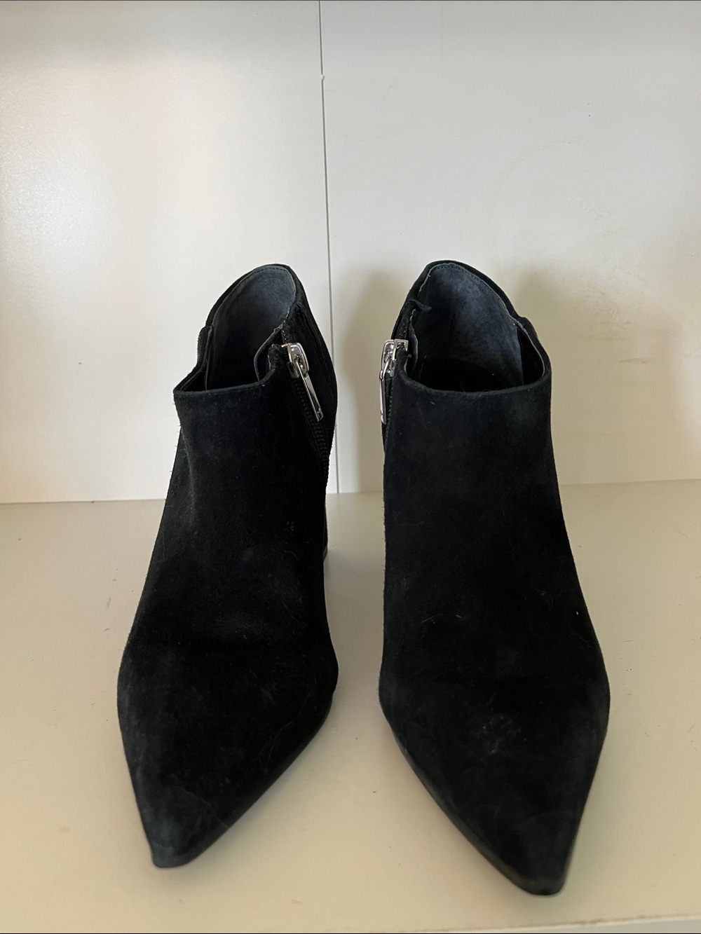 Marc Fisher Black Suede Pointed Ankle Booties with Side Zips